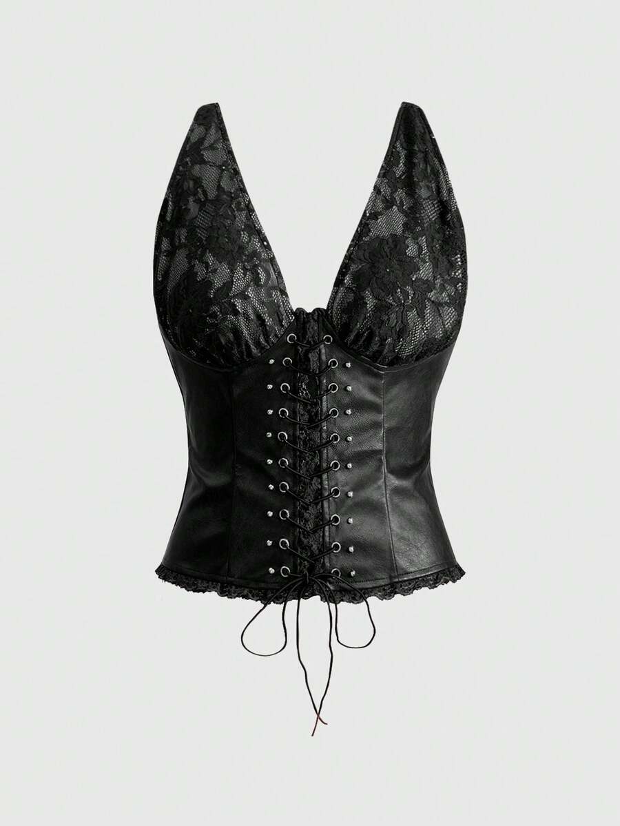 ROMWE Grunge Punk Y2K Sexy Metallic Lace-Up PU Patchwork Crop Top For Women - Black - View 1