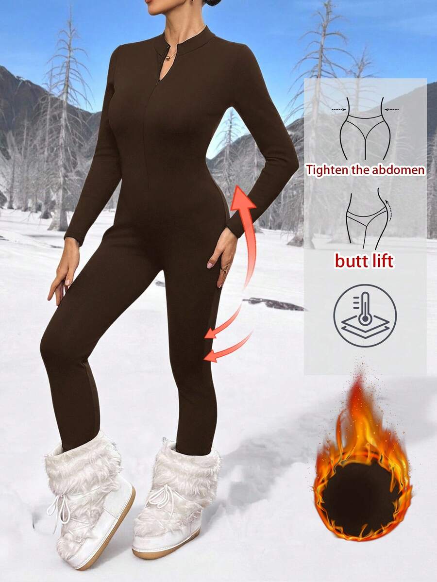 SHEIN Tall 黑色针织女士紧身连体滑雪服,秋冬季,黑色保暖加厚连体服,高个款 - 棕色 - 查看 1