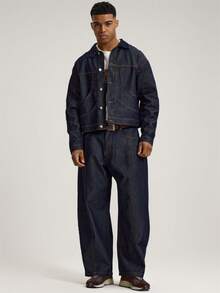 Musero Long Sleeve Button Through Collared Denim Jacket Seam And Layered Effect Detailing Dropped Shoulder Raw Japanese Style Denim Shacket Jean Top Autumn Winter Essentials Layering Streetwear - Dark Wash - View 5