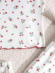 SHEIN 3pcs Tween Girls Casual Knit Loungewear Set - Ditsy Floral Camisole, Long Pants, And Shorts - White - View 9