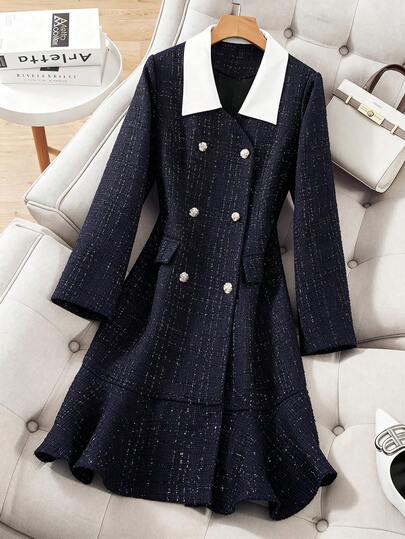 GlowEve CURVE Plus Size Women Elegant Tweed Button Decor Contrast Collar Commuter Dress