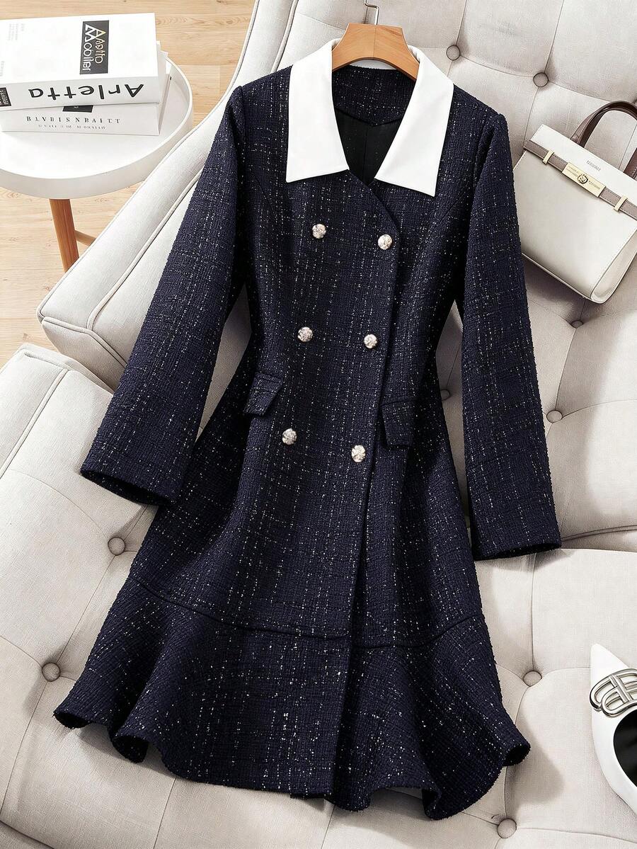 GlowEve CURVE Plus Size Women Elegant Tweed Button Decor Contrast Collar Commuter Dress - Navy Blue - View 1