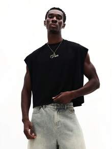SUMWON Men's Casual Loose Fit Printed Tank Top With Stylish "Paris" Script Gold Chain Neckline Summer Sleeveless Muscle Tee - Black - View 1