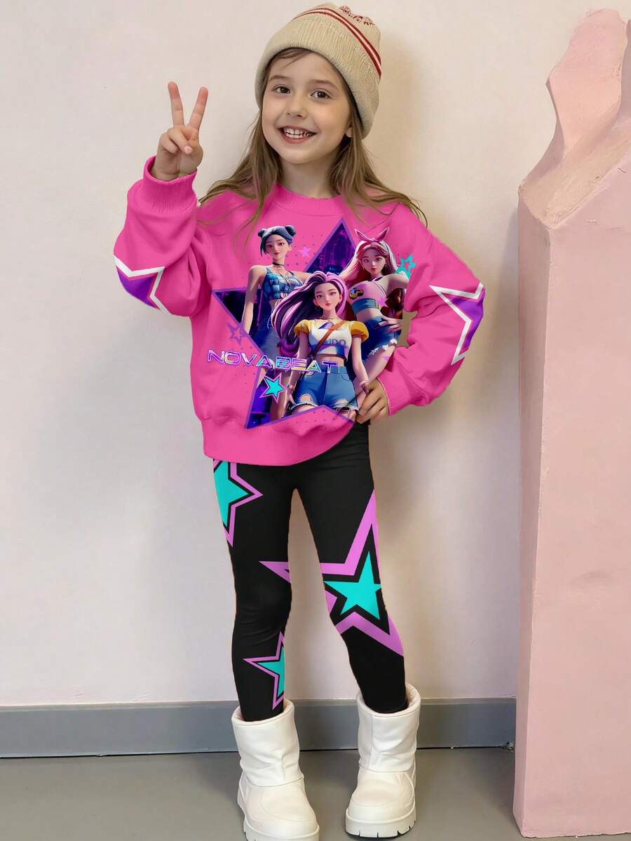 2pcs/Set KPOP Print Top, Girls Young Round Neck Sweatshirt And Leggings Set, Fashionable Casual, Suitable For Autumn/Winter - Multicolor - View 1