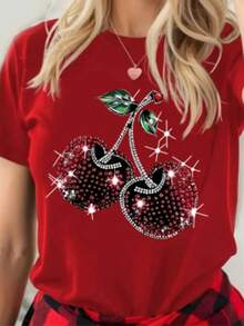 Camiseta gráfica de cereza para mujer solo estampado Camiseta casual de manga corta con cuello - rojo - Ver 1