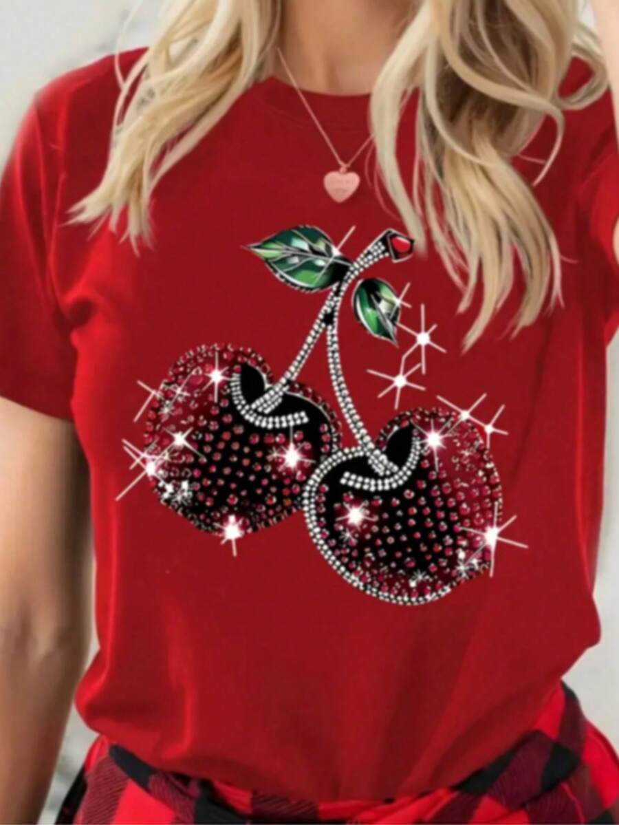 Camiseta gráfica de cereza para mujer solo estampado Camiseta casual de manga corta con cuello - rojo - Ver 1