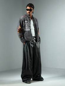 ROMWE MEN Men's Casual Washed Letter Print Denim Shirt - Black - View 3