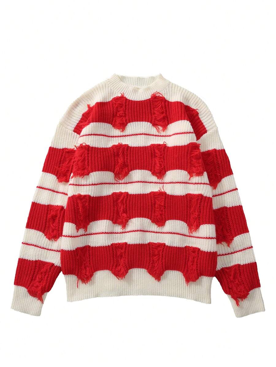 Manfinity Homme Men's Red And White Stripe Christmas Sweater,Autumn Holiday Streetwear Long Sleeve Crew Neck Knitted Pullover,Family Matching Colorblock Knit Jersey - Multicolor - View 1