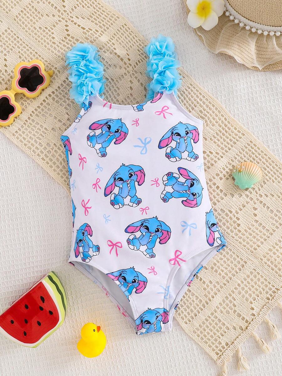 SHEIN 女童条纹卡通图案3D花卉连体泳衣 - 藍色 - 查看 1