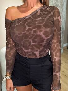 Manon Tanti 女士时尚豹纹网眼露肩长袖紧身衣 - 咖啡棕 - 查看 3