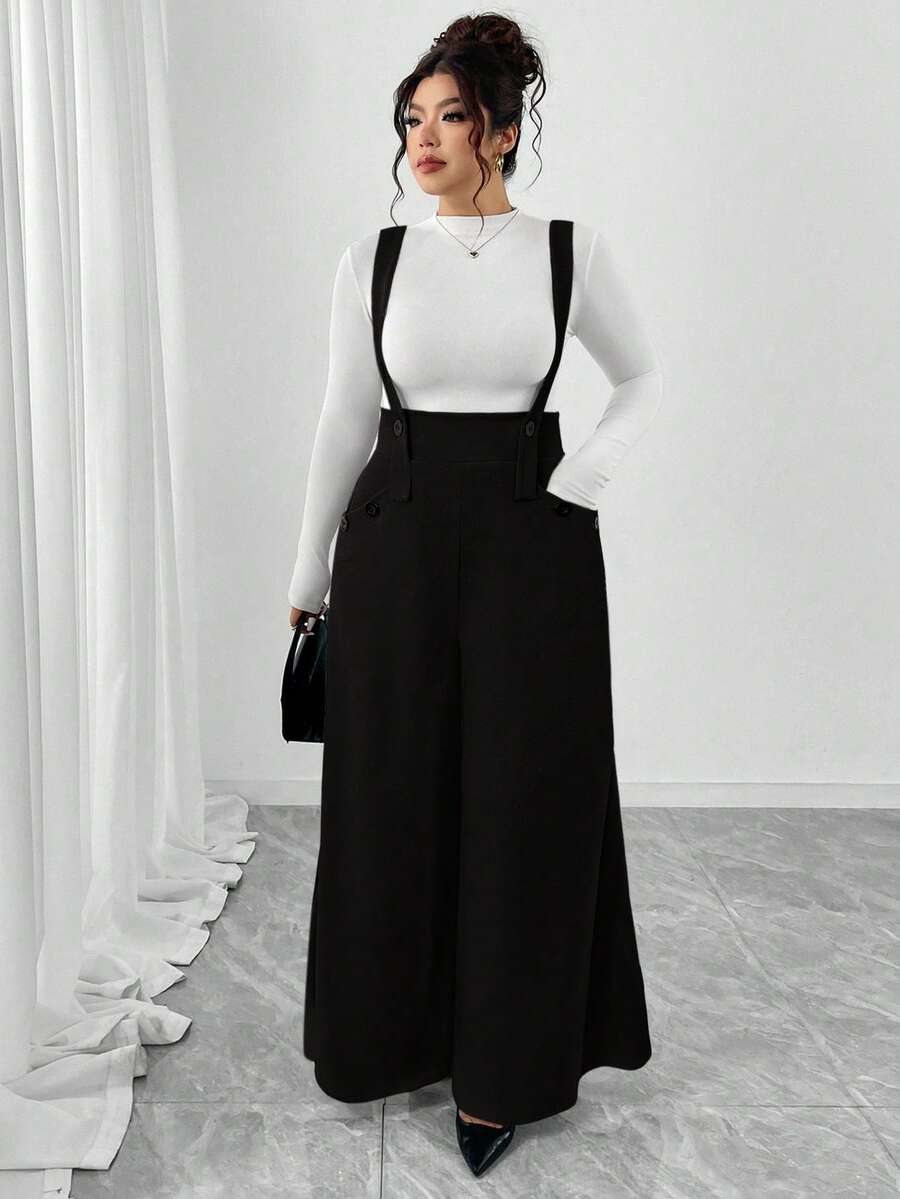 Elenzga Plus Size Black Knitted Textured Fabric Double-Breasted Bib Pants With Real Pockets,High Waist Flared Leg Jumpsuit,Autumn Smart Casual Everyday Pants - Black - View 1