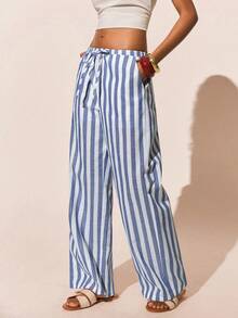 Poéselle 女士撞色条纹裤 - 藍白色 - 查看 7