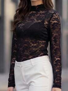 EMERY ROSE Sheer Lace Jacquard Elegant Blouse For Women - Black - View 4