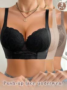 DesireSculpt 3pcs Women's Wireless Lace Patchwork Casual Comfortable Wide Strap Bra Set