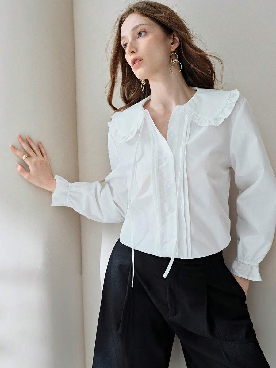 Aveloria Modichic French Retro Peter Pan Collar Tie Long Sleeve Blouse - White - View 1