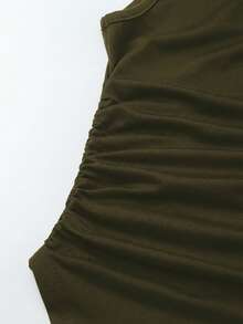 Lumivelle 休闲时尚金属装饰腰部褶皱修身吊带背心橄榄绿女式无袖上衣深绿色上衣军绿色上衣女式上衣正装 - 軍綠色 - 查看 5