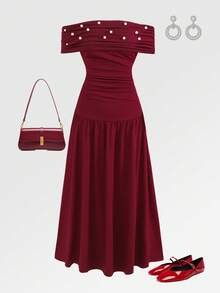 Đầm trễ vai dệt kim màu trơn thanh lịch đính cườm dành cho thiếu nữ - Đỏ - Xem 2