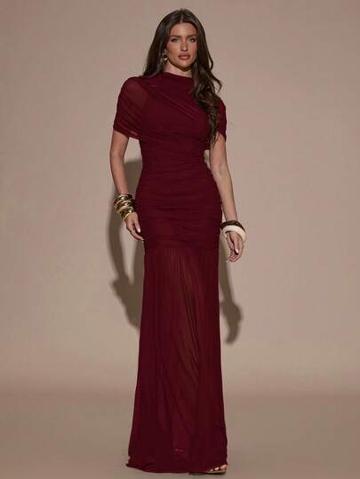 SHEIN BAE Elegant Ruched Skirt Bodycon Dress, Suitable For Cocktail Party, Romantic Date, Autumn/Winter Layering, Party, Formal Gathering Burgundy Formal Dress Women