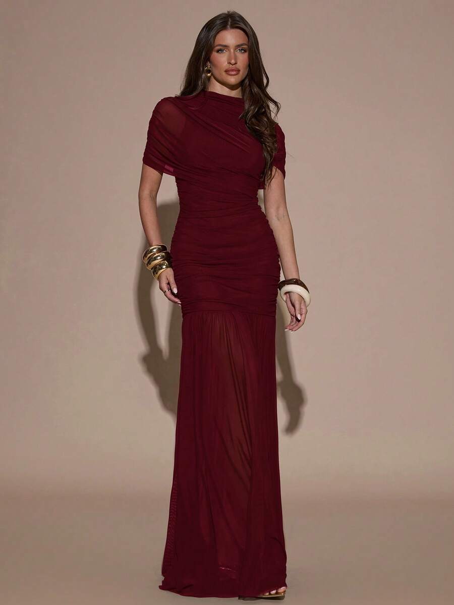 SHEIN BAE 优雅褶皱半身修身连衣裙，适合鸡尾酒会、浪漫约会、秋冬季叠穿、派对、正式聚会、万圣节、圣诞节等场合。 - 酒紅色 - 查看 1