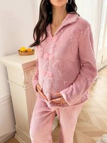 Moonlight&Mama 2pcs Maternity Sleepwear Set With Cutout Floral Velvet Bow Collar Long Sleeve Top And Long Pants, Autumn/Winter - Dusty Pink - View 6