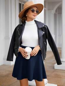 SHEIN Frenchy Solid Color High Waist Elegant Fashion Skirt, Suitable For Daily Commute Spring - Navy Blue - View 3