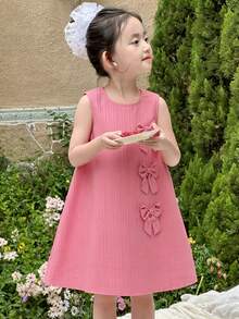 Elladie kids 女童无袖纹理面料中长休闲连衣裙，正面蝴蝶结装饰设计，优雅可爱 - 玫紅色 - 查看 8