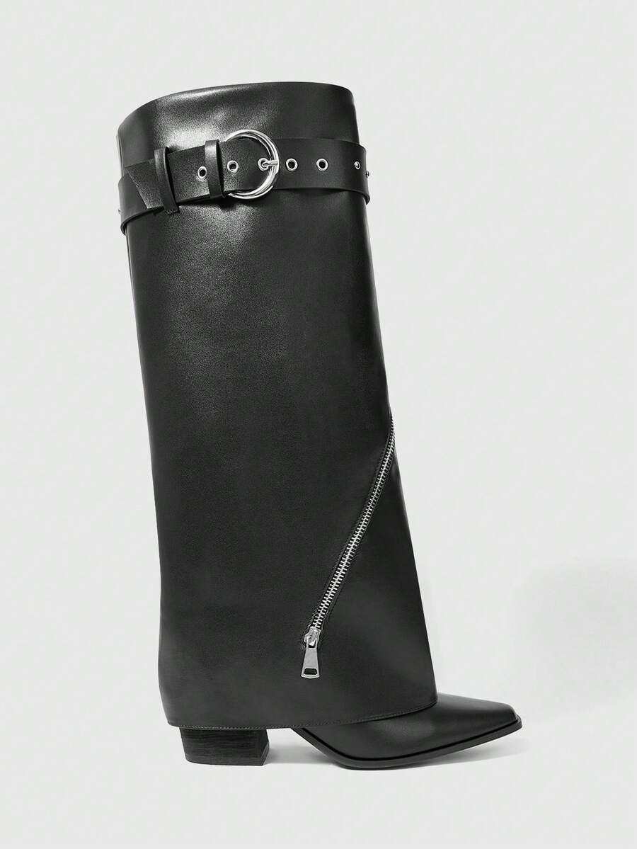 ROMWE Grunge Punk Women's Fashion Commuter Buckle Pointed Toe High Heel Ankle Boots Valentine's Day - Black - View 1