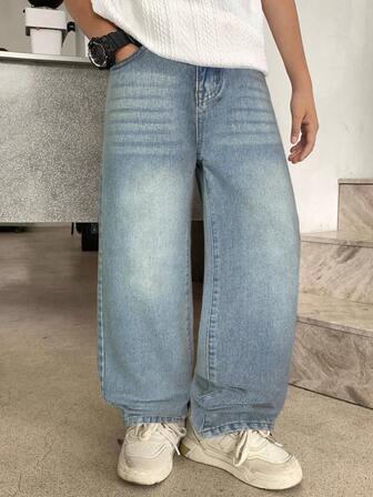 SHEIN 青少年男童带口袋阔腿宽松休闲百搭牛仔裤