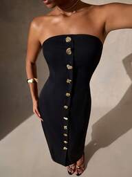 EURMUSE Abito lungo nero senza spalline da donna - con bottoni dorati davanti, vestito elegante da sera midi aderente senza maniche, abito da cocktail alla moda e formale, in maglia elastica, abito tubo classico, outfit da cocktail alla moda