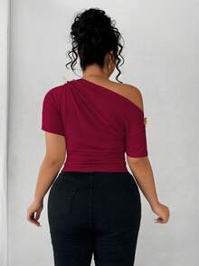 Elenzga Plus Size Women Elegant Personalized Versatile Casual Commute Open Shoulder Top - Burgundy - View 2