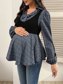 SHEIN Vintage Plaid Patchwork Long Sleeve Maternity Top, Fashionable Design, Suitable For Spring And Autumn Wear - Black - View 4