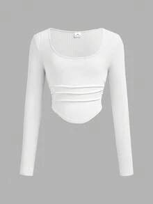 SHEIN Tween Girl Casual Street Style Ruched U-Neck Long Sleeve Ribbed Knit Fitted T-Shirt And Pleated Wide Leg Sweatpants Set, Suitable For Home, Outings, And School - White - View 4