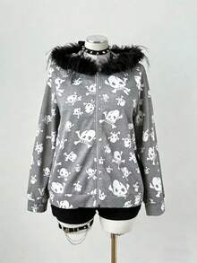 Sunspun Hanorac retro închis la culoare, soft punk, Harajuku, cu imprimeu de craniu, pentru femei, începutul toamnei