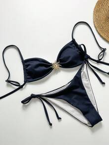 Swim Vcay Bộ bikini hở lưng họa tiết vải trơn màu trang trí kim loại dành cho nữ, thích hợp đi biển và nghỉ dưỡng - Màu xanh hải quân - Xem 3