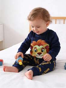 Baby Boys Pajamas-Pajama Set Navy Lion Face Top And Pants Long Sleeve Long Pants Four Season Wear 2026 New Year Holiday Essential Warm And Cute Style Warm And Comfortable - Royal Blue - View 3