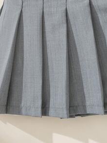 Souflis Souflis 1pc Baby Girl Pleated Skirt, Children's Woven Comfortable Skirt With Bow Waistband And Button Design, Adding Fashionable And Sweet Style, Elastic Waist And Loose Fit, Suitable For Autumn Occasions Like Vacation And Daily Wear - Grey - View 8