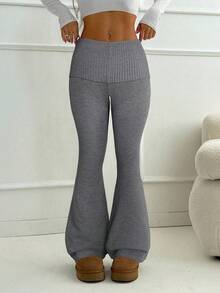 SHEIN PETITE 杏色紧身喇叭裤，简约通勤、居家、休闲装，年轻女士针织裤，喇叭裤，瑜伽裤，喇叭打底裤，喇叭运动裤，喇叭裤腿，秋冬女装 - 灰色 - 查看 5