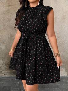 SHEIN PETITE 小码女士褶皱面料碎花系带A字休闲连衣裙，春夏款 - 黑色 - 查看 1
