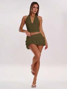 SHEIN BAE Women's Summer Fashion Solid Color Ruffle Hem A-Line Skirt - Army Green - View 6