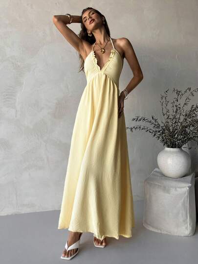 Aloruh 女士长款A字连衣裙，交叉露背设计，纹理面料，适合海滩度假、春夏穿着