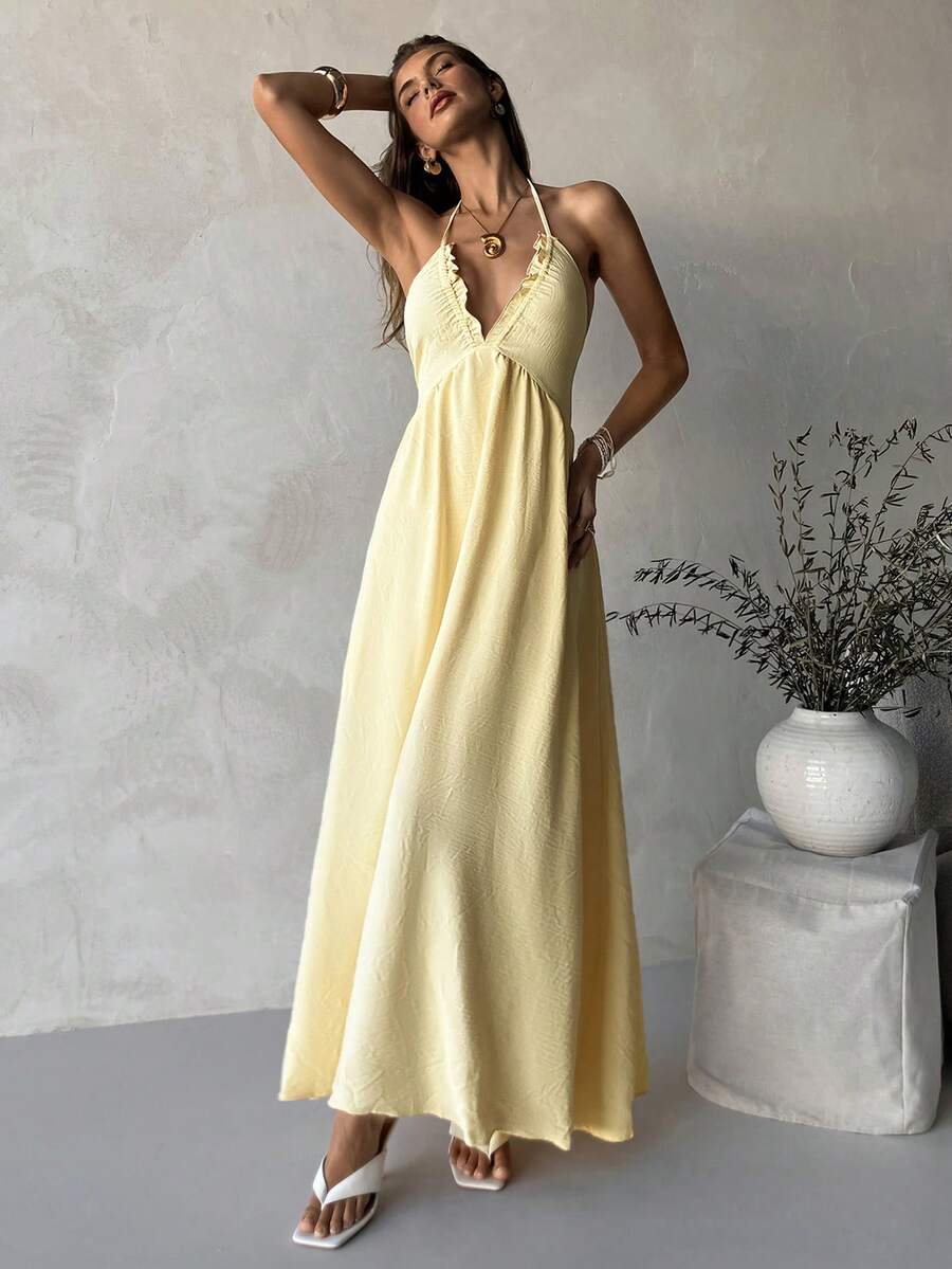 Aloruh Vestido largo de línea A para mujer, diseño de espalda cruzada sin espalda, tela texturizada, adecuado para vacaciones en la playa, primavera/verano - Amarillo claro - Ver 1