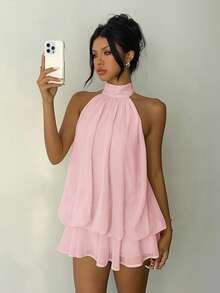 Aloruh Women's Elegant Light Yellow Halter Tie Mini Dress - Baby Pink - View 4