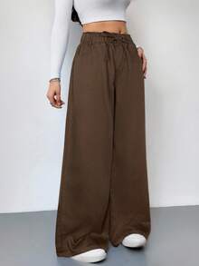 SHEIN Tall Quần jeans nữ dáng rộng cạp cao màu xanh dương, quần jeans nữ mùa hè, quần jeans cạp chun. - màu nâu - Xem 3