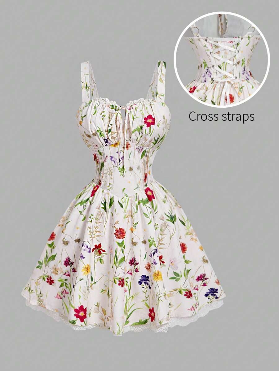 SHEIN MOD Váy ngắn in hoa nhiều màu trắng, xẻ ngực trước, viền ren và buộc chéo sau lưng - Hoàn hảo cho kỳ nghỉ, hẹn hò, dã ngoại, tiệc tùng, vũ hội, lễ hội và sinh nhật - Nhiều màu - Xem 1
