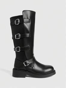 Sugerpunk Botas de media pantorrilla versátiles y de uso diario con botones para mujer - Negro - Ver 1