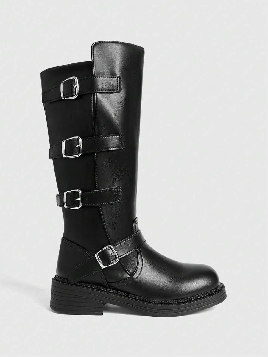 Sugerpunk Botas de media pantorrilla versátiles y de uso diario con botones para mujer - Negro - Ver 1