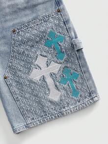 ROMWE MEN Street Life Quần short denim nam thêu chữ thập, có túi, kiểu dáng thường ngày, đa năng. - Màu xanh lam - Xem 2