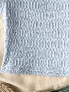 SHEIN Tween Girls' Casual Vacation Home Patchwork Embroidery Lace Trim Textured Knit Fitted Cropped Square Neck T-Shirt Square Neck Top Tween Teen Girls Blue And White Top Tight Design Pastel Blue Clothes Kids Summer Top - Baby Blue - View 5