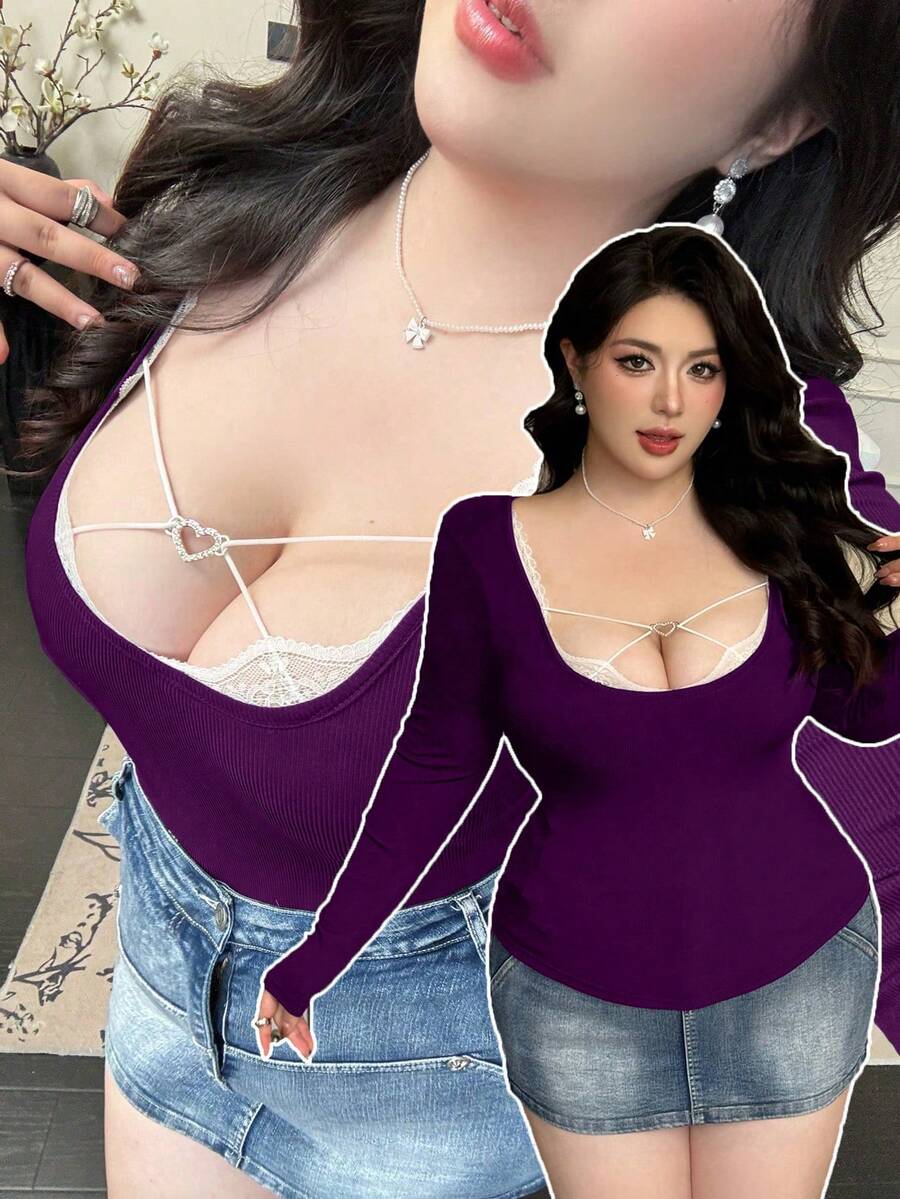 Flirla 春、秋、冬皆宜，优雅蕾丝边饰高领长袖罩衫T恤，修身时尚小众设计拼接上衣 - 紫色 - 查看 1