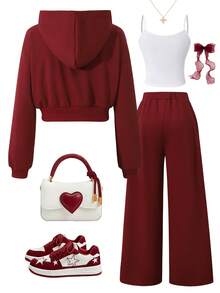 Sparklyn Bộ 3 món đồ thể thao và mặc nhà thoải mái, thời trang, có khóa kéo phía trước, chất liệu vải dệt kim in họa tiết, dáng rộng, màu hồng trơn, dành cho thanh thiếu niên. - Màu Đỏ Sâu - Xem 2